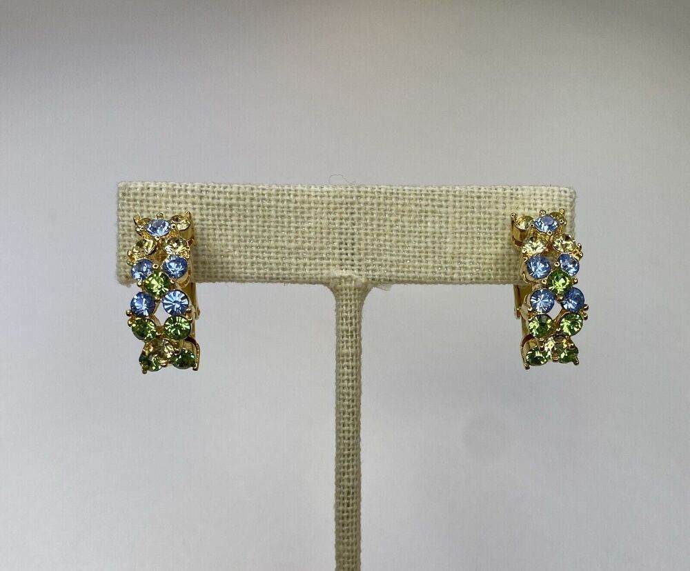 Joan Rivers Blue Green Yellow Rhinestones Pierced Semi Hoop Earrings Gold Tone